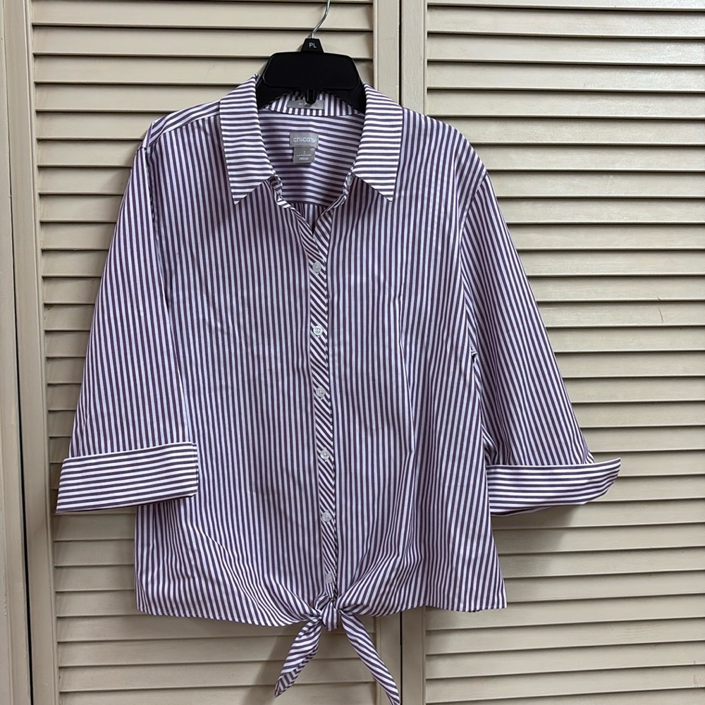 Chico’s striped shirt with cuffed sleeves and tied waist band.